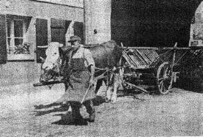 Einer der letzten Landwirte in Hersbruck war Fritz Brunner (Hausname Draa-Peiter Getreidepeter). Das Bild zeigt ihn um 1963 mit seinem schlichten, aber zweckmigen Transporter am Nrnberger Tor.  Foto: privat.
